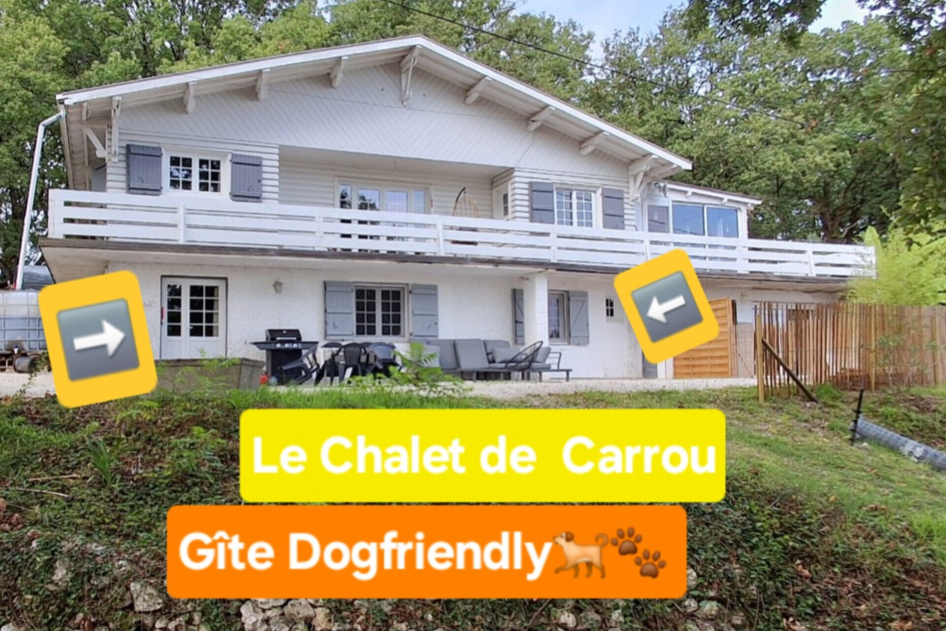 Façade du Gîte Le Chalet de Carrou, hébergement dog-friendly avec terrasse et accès au jardin