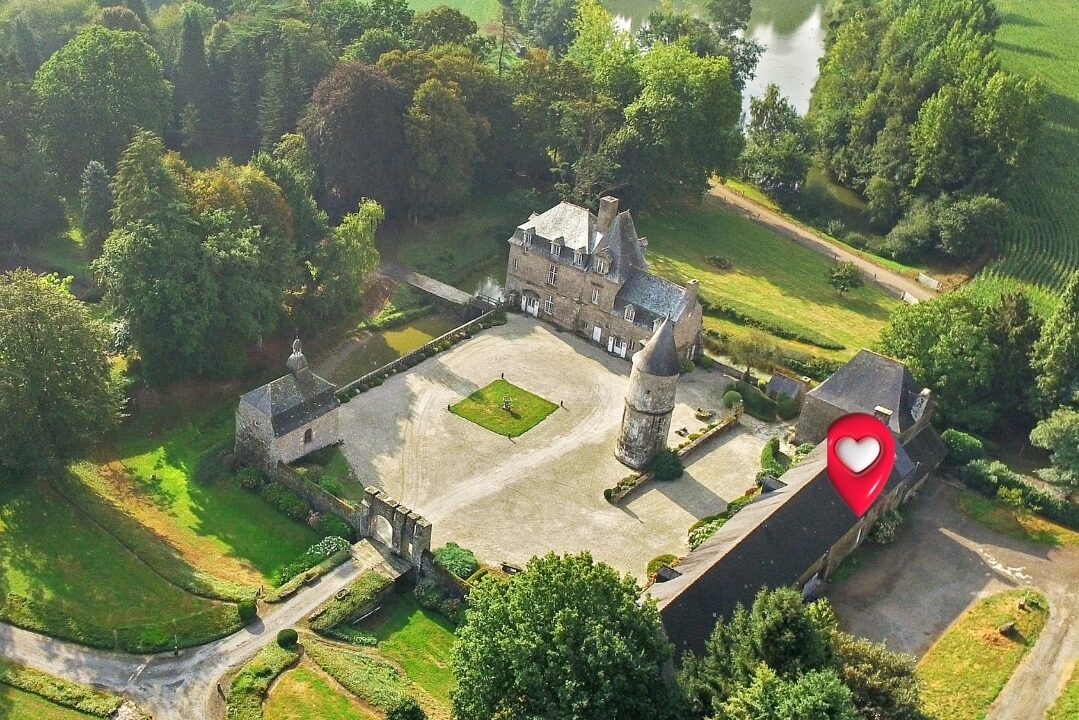 Vue aérienne du domaine avec château, forêt et étang – gîte chiens acceptés près de Fougères en Ille-et-Vilaine