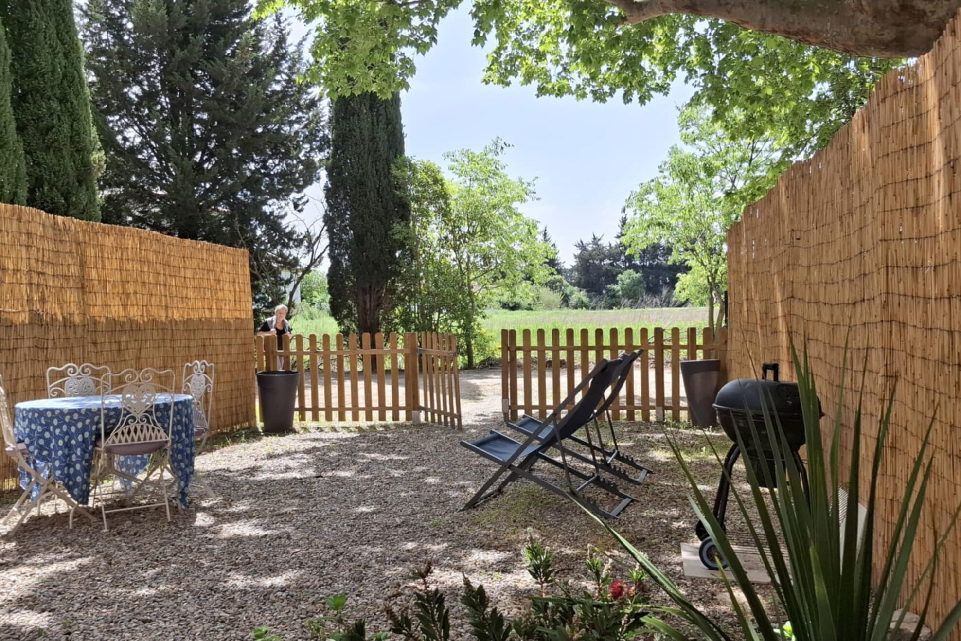 Terrasse et jardin clôturé du gîte dog friendly La Muscadelle à L’Isle-sur-la-Sorgue, en Provence, avec espace détente et vue sur la campagne.